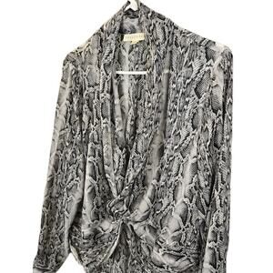 Lovestitch Snake Print Wrap Blouse LARGE Black Ivory Hi-Low Flowy Sheer Boho
